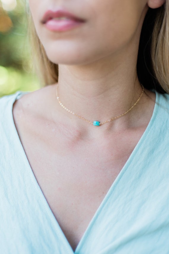 Tiny Raw Blue Green Turquoise Crystal Nugget Choker Necklace In Gold, Silver, Bronze Or Rose Gold. Adjustable Length. Handmade To Order