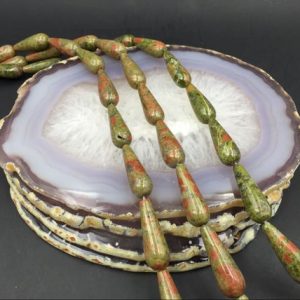 Shop Unakite Bead Shapes! Unakite Jasper Teardrop Beads Vertical Drilled Unakite Stone Teardrop Beads Gemstone Beads Polished Teardrop Beads 10*30mm 12pieces strand | Natural genuine other-shape Unakite beads for beading and jewelry making.  #jewelry #beads #beadedjewelry #diyjewelry #jewelrymaking #beadstore #beading #affiliate #ad