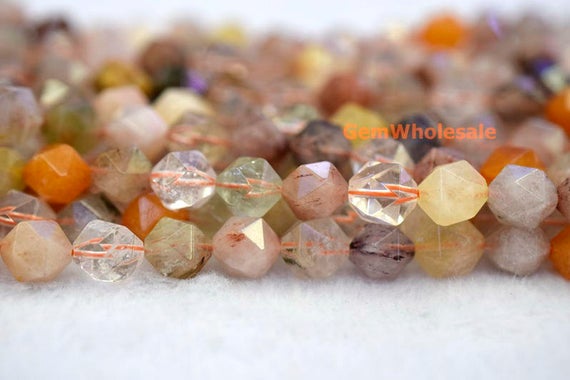 15.5" 6mm/8mm Natural Multi Color Rutilated Quartz Star Faceted Beads,mix Color Diy Gemstone Beads, Semi Precious Stone