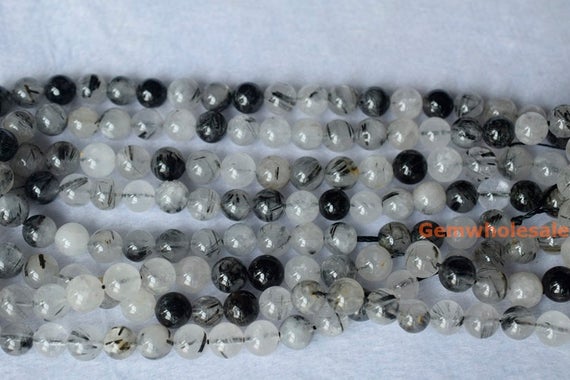 15.5" 8mm Natural Black Rutilated Quartz Round Beads,black White Color Semi-precious Stone, Gemstone Wholesale,natural Crystal Beads