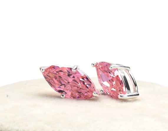 2 Marquise Pink Cubic Zircon Pendant / Connector, 18mm, Silver Plated Over Brass Prong Setting. [m1160367]