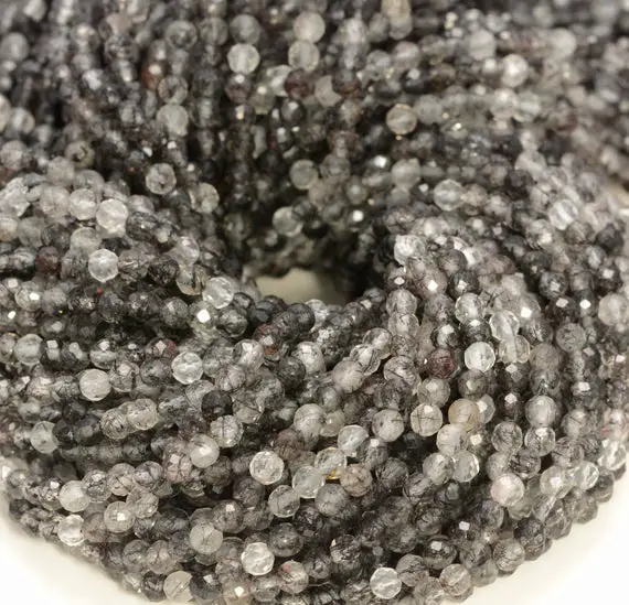 3mm Rutilated Quartz Gemstone Black Micro Faceted Round Grade Aaa Beads 15.5inch Wholesale (80010233-a192)