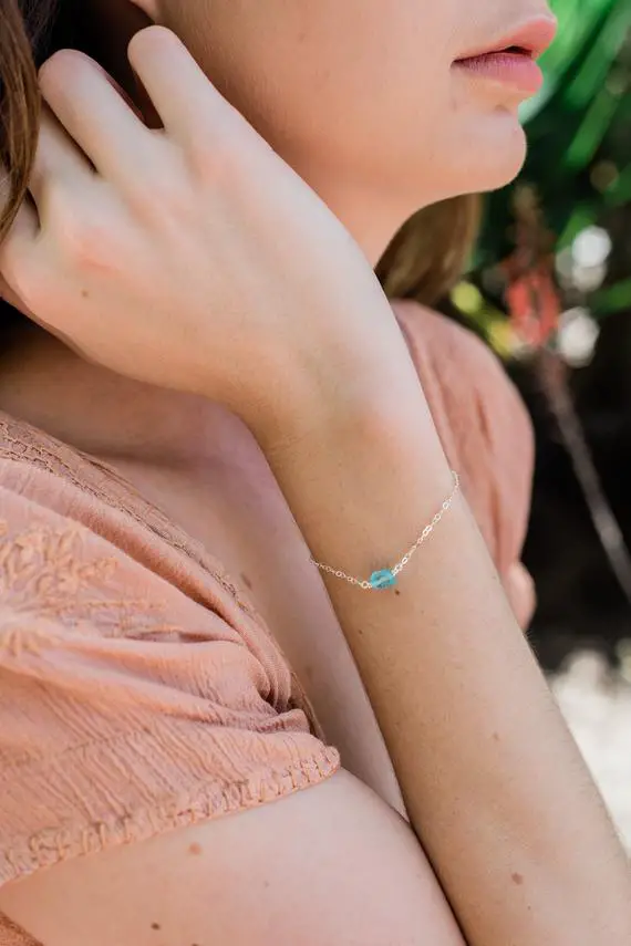 Raw Neon Blue Apatite Crystal Bracelet In Gold, Silver, Bronze, Or Rose Gold - 6" Chain With 2" Adjustable Extender