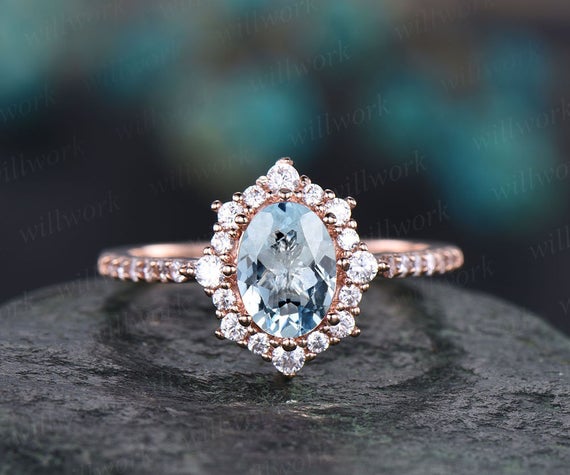 6x8mm Blue Aquamarine Engagement Ring Rose Gold Moissanite Halo Ring Oval Aquamarine Ring Gold Vintage For Women Her Wedding Band Jewelry