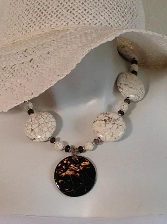Beaded Chunky Necklace, White Magnesite Coins, Brown Veining, Brown Ceramic Pendant, .925 Sterling Silver Clasp, Chain