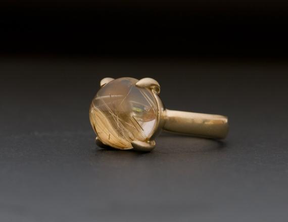 Big Rutilated Quartz Cabochon Ring In 18k Yellow Gold, Gift For Her
