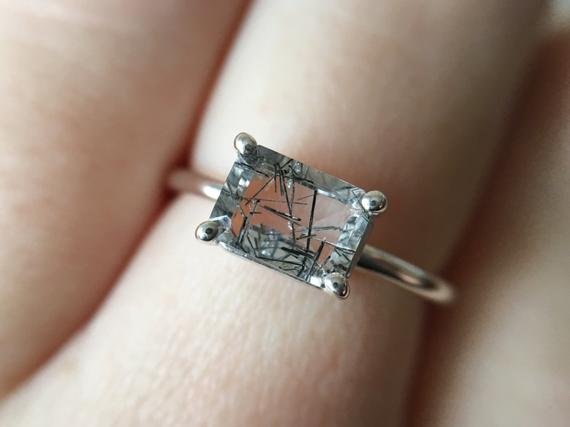 7x5 Emerald Cut Tourmalinated Quartz Solitaire Ring, Black Rutilated Quartz Engagement Ring, East West Setting, 14k Solid Gold, 925 Silver