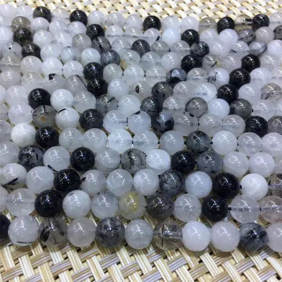 Black Rutilated Quartz Round Beads, 6mm 8mm 10mm 12mm Gemstone Loose Beads