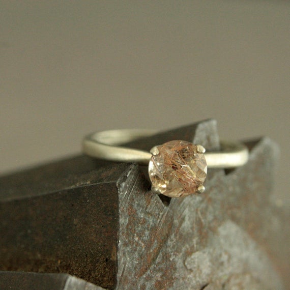 Copper Rutilated Quartz Ring Unique Engagement Ring Silver Engagement Ring Copper Stone Ring Clear Copper Ring Solitaire Ring Four Prong