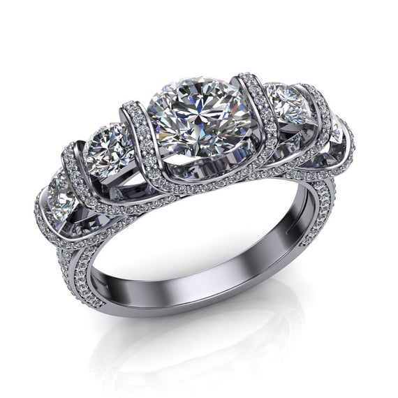 Luxury Engagement Ring, 5-diamond Trellis Style With Accented Settings In Platinum