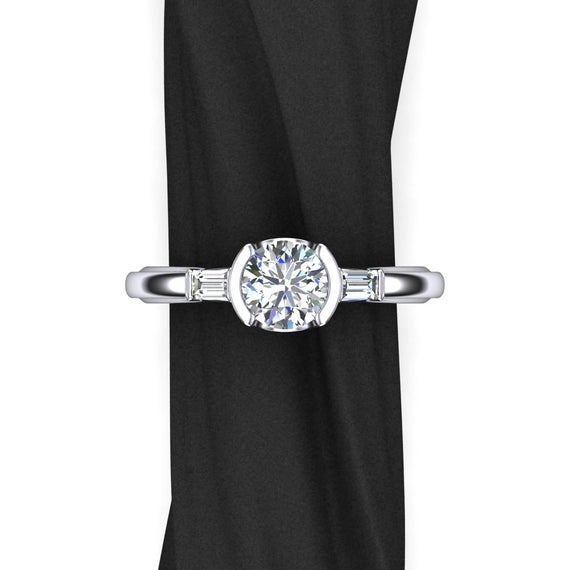 One-carat Diamond Engagement Ring, 3-stone Design With Baguette Side Diamonds And Half Bezel Setting