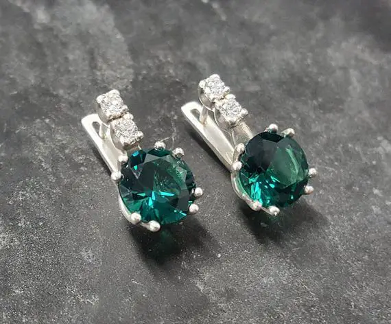 Emerald Earrings, Created Emerald, Green Round Earrings, Green Diamond Earrings, Bridal Earrings, Vintage Earrings, Solid Silver Earrings