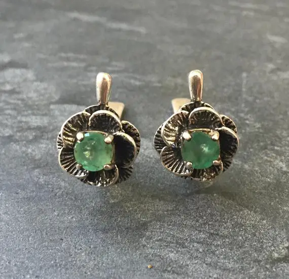 Flower Earrings, Emerald Earrings, Natural Emerald, 2 Carat Emeralds, May Birthstone, May Earrings, Silver Studs, Solid Silver, Pure Silver