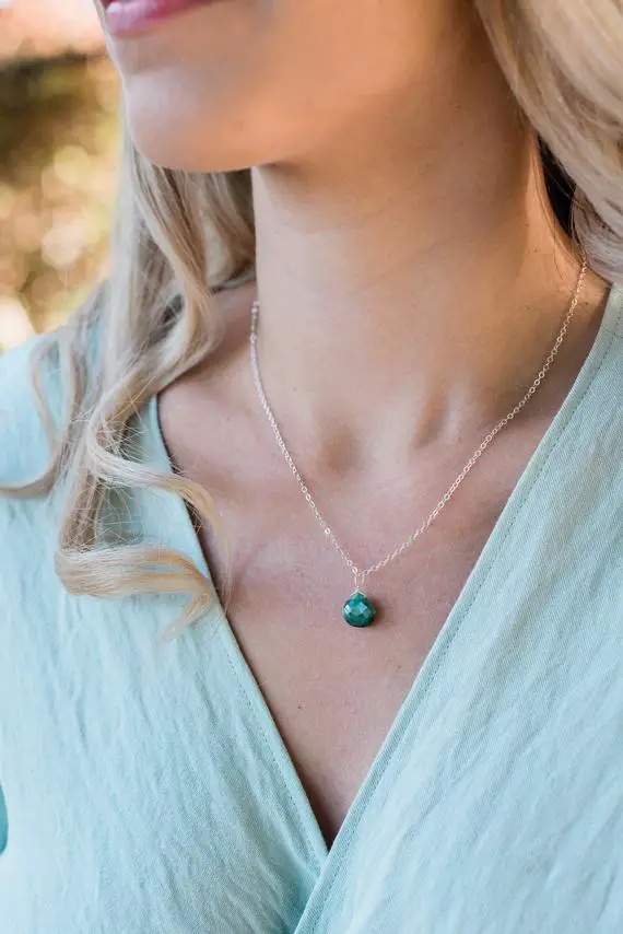 Tiny Emerald Necklace - Small Emerald Faceted Teardrop Necklace - Natural Dark Green Emerald Necklace - May Birthstone Necklace