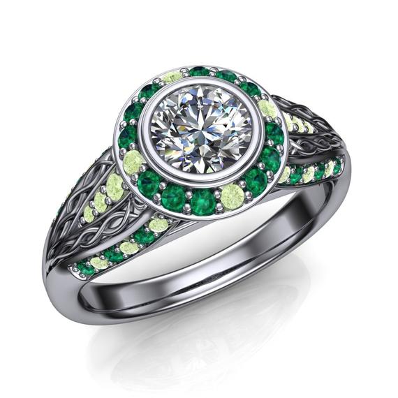 Flawless Diamond Engagement Ring | Half-carat With Green Diamonds And Emeralds | Usa Custom Made