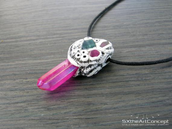 Pink Aura Quartz Point Pendant With Rainbow Fluorite Gemstones, Hand Sculpted Amulet Clay Jewelry