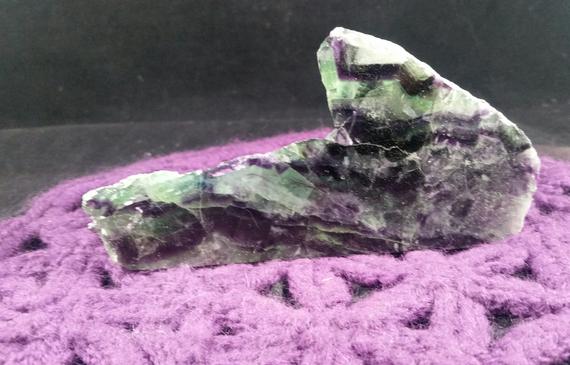 Purple Green Rainbow Fluorite Slab One Side Polished Freeform Crystal Standing Free Form Slab Slice