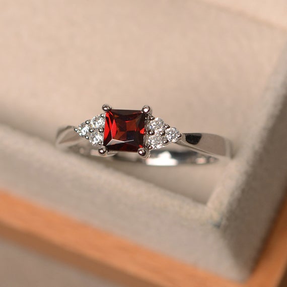 Garnet Rings, Princess Cut Red Gemstone, January Birthstone Ring, Promise, Engagement Ring, Sterling Silver