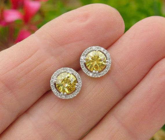 Genuine Round Yellow Sapphire Stud Earrings Diamonds In 14k White Gold, Natural Sapphire Solitaire Earrings, Gemstone Earring Gift For Her