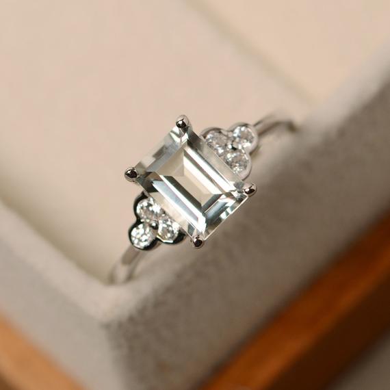 Green Amethyst Ring, Silver, Emerald Cut, Promsie Ring, Prong Setting