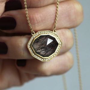 Shop Rutilated Quartz Jewelry! Halo Diamond Necklace, OOAK Gemstone Necklace, Black Rutilated Quartz Necklace, Unique Anniversary Necklace | Natural genuine Rutilated Quartz jewelry. Buy crystal jewelry, handmade handcrafted artisan jewelry for women.  Unique handmade gift ideas. #jewelry #beadedjewelry #beadedjewelry #gift #shopping #handmadejewelry #fashion #style #product #jewelry #affiliate #ad