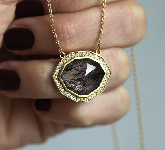 Halo Diamond Necklace, Ooak Gemstone Necklace, Black Rutilated Quartz Necklace, Unique Anniversary Necklace