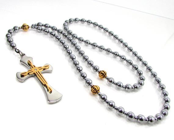 Hematite Rosary Necklace For Women Or Men, Handmade Gemstone Rosary Necklace With Stainless Steel Cross, Cross Beaded Necklace + Gift Box