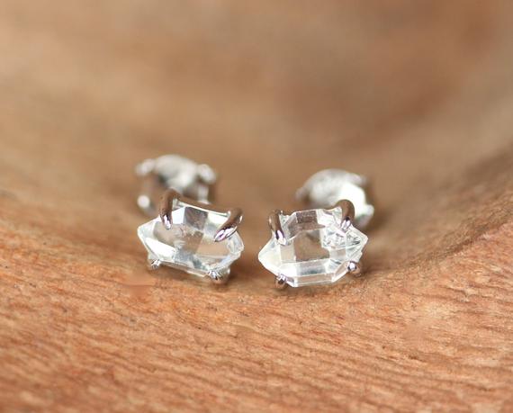 Herkimer Diamond Earrings - Silver Prong Set Earrings - Raw Quartz Earrings - Quartz Stud Earrings - Double Terminated Quartz Earrings
