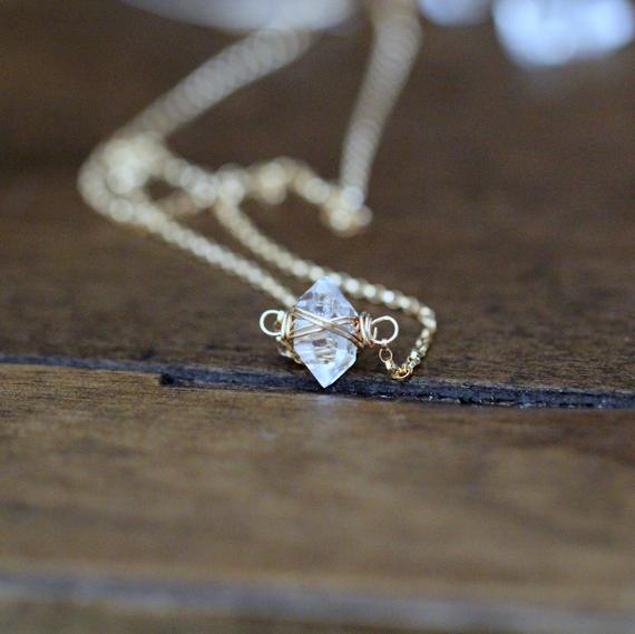 Herkimer Diamond Necklace , Raw Crystal Quartz Choker , Minimalist Jewelry , Choose Your Metal, Boho April Birthstone Gifts - Caged Herkimer