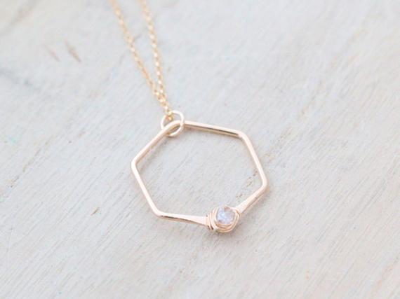 Herkimer Diamond Necklace , Gold Crystal Hexagon Pendant , Rose , Sterling Silver  - Refraction  (as Seen On Law & Order Svu)