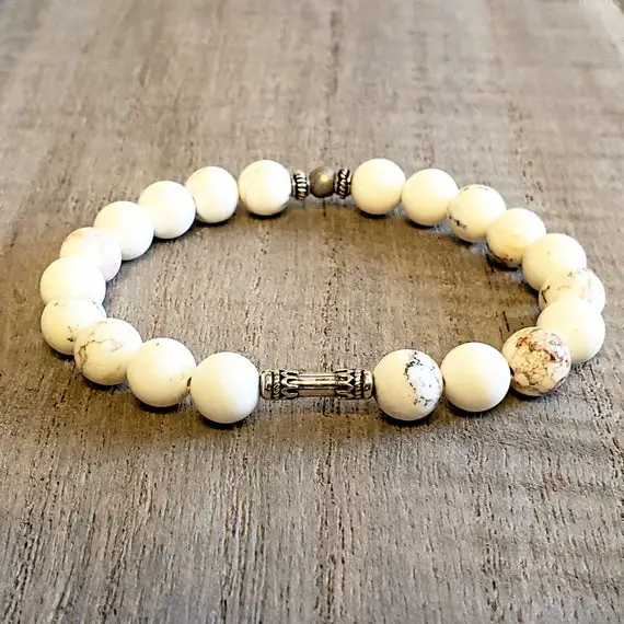 Ivory Magnesite Beaded Gemstone Stretch Bracelet With 925 Sterling Silver Art Deco Bar, Men's, Women's Or Unisex Bracelet- Latex Free