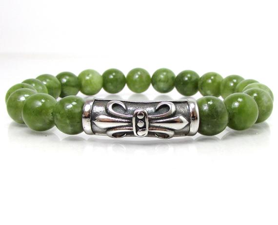 Natural Canadian Light Green Jade Bracelet With 316l Stainless Steel Magnetic Clasp, Mens Gemstone Beaded Bracelet, Gift For Men For Him