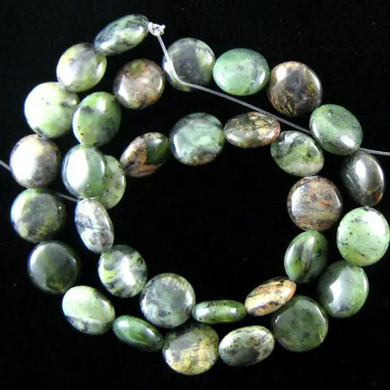 12mm Natural Green Jasper Coin Beads 15" Strand