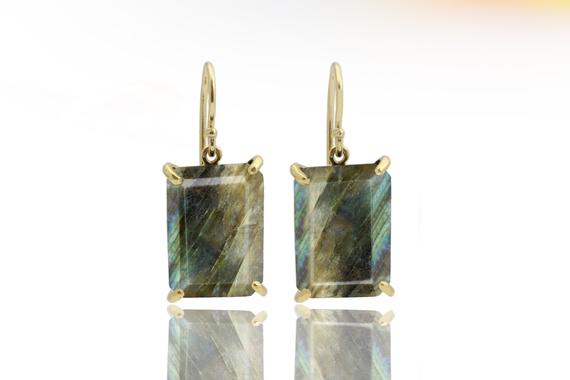 Long Rectangle Earrings · 18k Gold Dangle Earrings · Labradorite Gemstone Earrings · Handmade Bridal Earrings · Semiprecious Wedding Earring