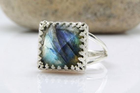 Labradorite Ring · Grey Ring · Blue Flash Ring · Positive Ring · Chakra Ring · Energy Ring · Square Ring · Sterling Silver Ring