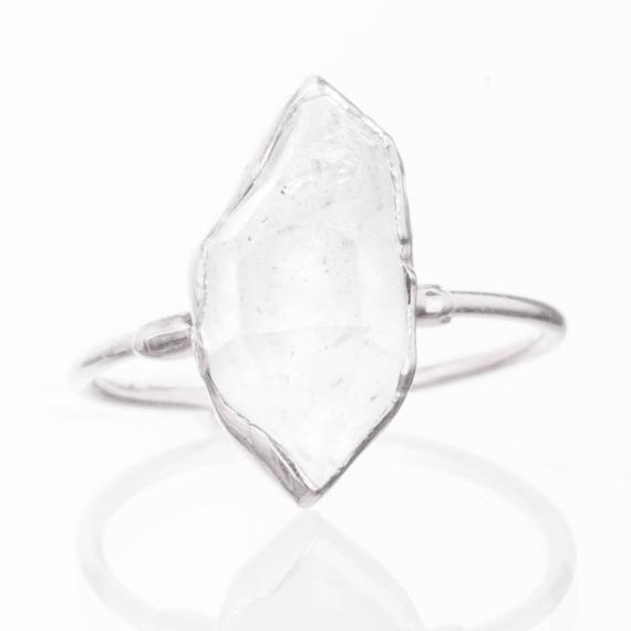 Large Silver Raw Herkimer Diamond Ring For Women, April Birthstone Boho Ring, Crystal Ring, Raw Diamond Ring, Raw Stone Ring, Statement Ring