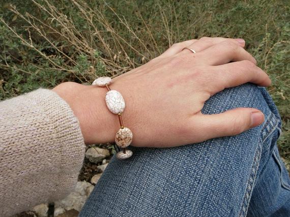 Magnesite And Copper Bracelet, Rustic White Turquoise Bracelet With Light Pink Markings And Raw Copper, Bohemian Jewelry