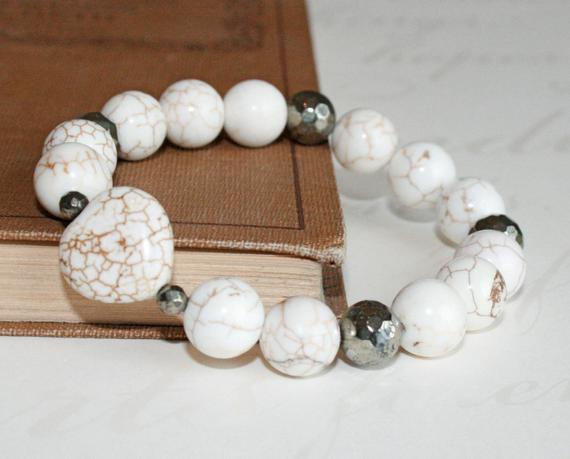 Valentine Gift, Heart Bracelet, Pyrite And White Turquoise Bracelet, White Bracelet, Magnesite Bracelet, Magnesite And Pyrite Bracelet