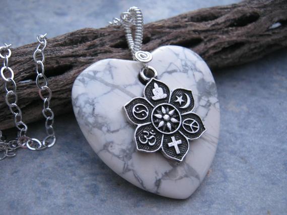 Magnesite Coexist Necklace, .925 Sterling Silver Necklace, Tolerance Jewelry, Lotus Flower Gemstone Heart Pendant, Choose Length Ch11
