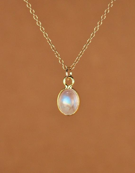 Moonstone Necklace - Gold Moonstone - June Birthstone - A Gold Bezel Rainbow Moonstone On A 14k Gold Filled Chain