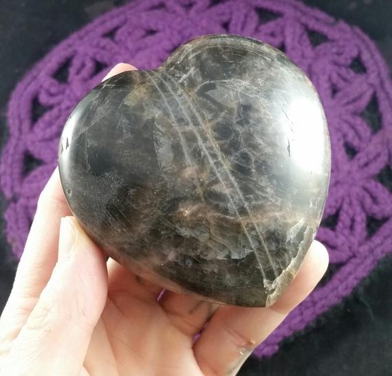 Large Black Moonstone Heart Shaped Stones Crystal Polished Moon Stone Schiller Silver Shimmer Microcline Feldspar Carved Carving