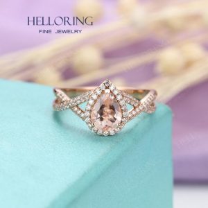 Morganite engagement ring Pear cut engagement ring Rose gold Women Wedding Halo moissanite diamond Bridal Anniversary Twisted Promise ring | Natural genuine Array rings, simple unique alternative gemstone engagement rings. #rings #jewelry #bridal #wedding #jewelryaccessories #engagementrings #weddingideas #affiliate #ad