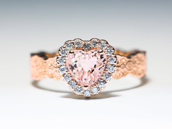 Morganite Heart Halo Ring, Heart Engagement Ring, Pink Morganite Ring, Rose Gold Morganite Ring