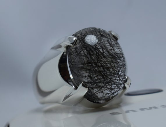 Natural  Black Rutilated Quartz Ring 925 Sterling Silver Men's Handmade Ring Dur Al Najaf Ring Real Black Rutile Premium Quality Stone