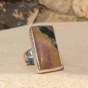 Shop Ocean Jasper Rings! Hammered Silver Ring with Ocean Jasper, Oblong Stone Sterling Silver Womens  Ring, Jewellery Gift Ideas | Natural genuine Ocean Jasper rings, simple unique handcrafted gemstone rings. #rings #jewelry #shopping #gift #handmade #fashion #style #affiliate #ad