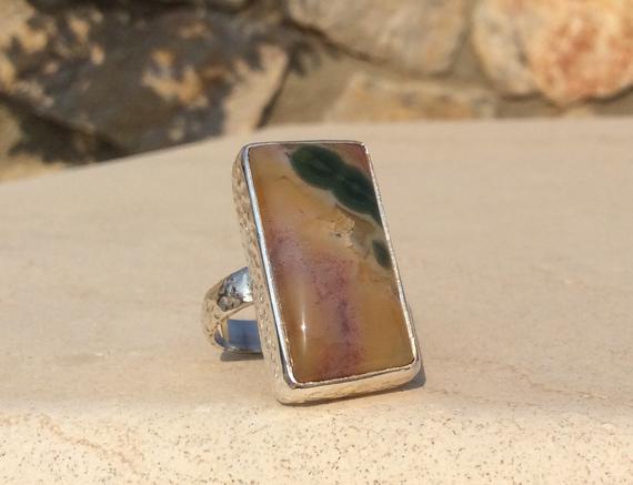 Hammered Silver Ring With Ocean Jasper, Oblong Stone Sterling Silver Womens  Ring, Jewellery Gift Ideas