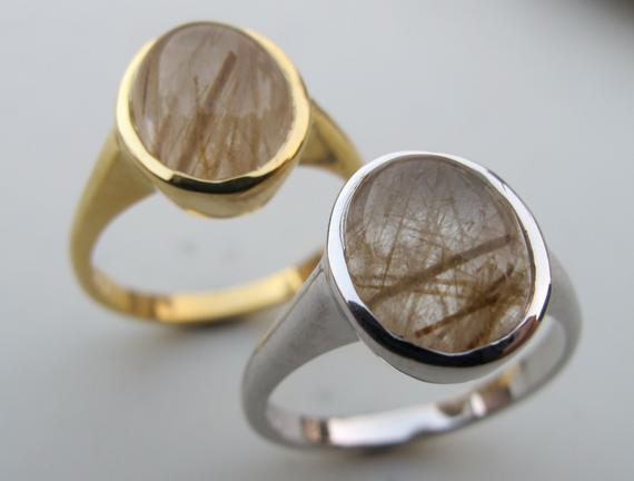 Oval Bohemian Quartz Ring- Gold Needle Boho Ring- Unique Gypsy Gemstone Ring- Gold Rutilated Quartz Ring- Simple Minimalistic Ring
