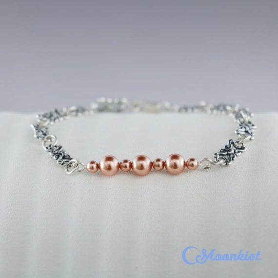 On Sale Pink Pearl Bracelet For Her, Sterling Silver Pearl Bracelet For Women, Delicate Bracelet, Pearl Bridal Bracelet | Moonkist Designs