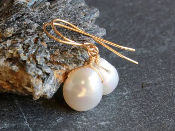 White Pearl Gold Filled Earrings Wire Wrapped Natural Gemstone Bridal Wedding Bridesmaids Dangle Drops June Birthstone Gift For Her 4913