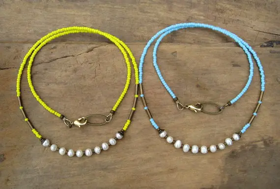 Cheerful Pearl Necklace In Yellow Or Blue, Bohemian Freshwater Pearl Jewelry With Choice Of Colorful Seed Bead Chain